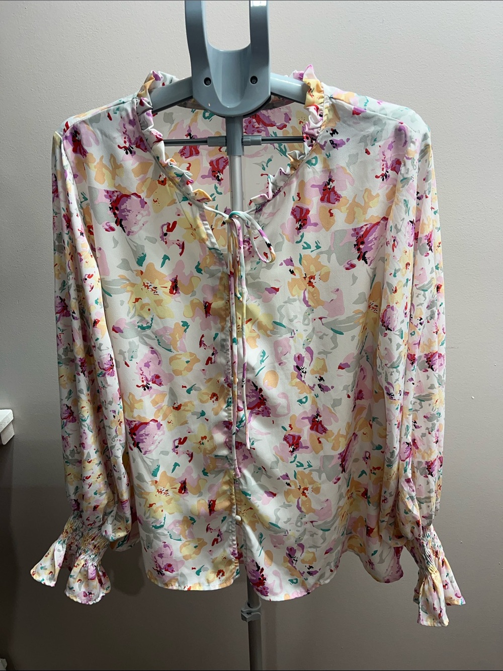 Floral Tie-Neck Long Sleeve Blouse - White Multi